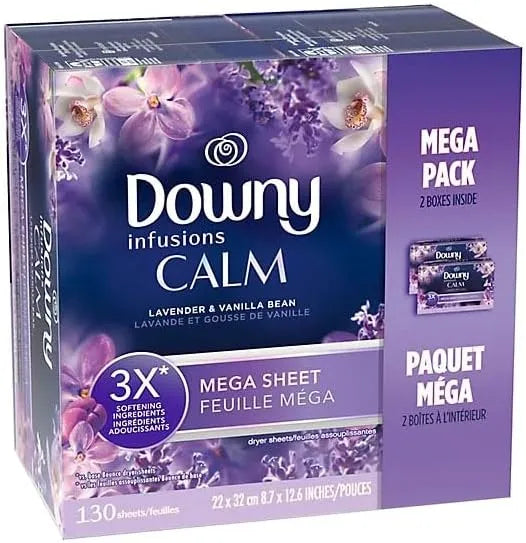 Downy CALM, Mega Dryer Sheets, Laundry Fabric Softener, Lavender and Vanilla Bean, 130 Count