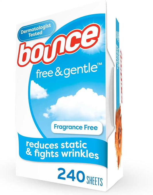 Bounce Dryer Sheets Laundry Fabric Softener, Free & Gentle, 240 Count, White