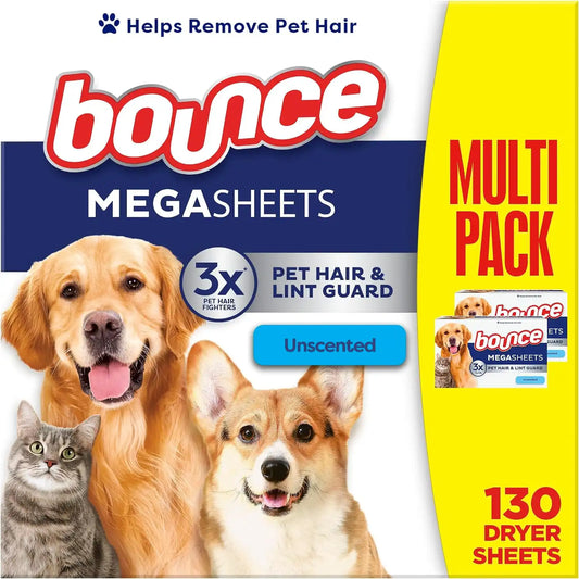 Bounce Pet Hair and Lint Guard Mega Dryer Sheets with 3X Pet Hair Fighters, Unscented, 130 Count