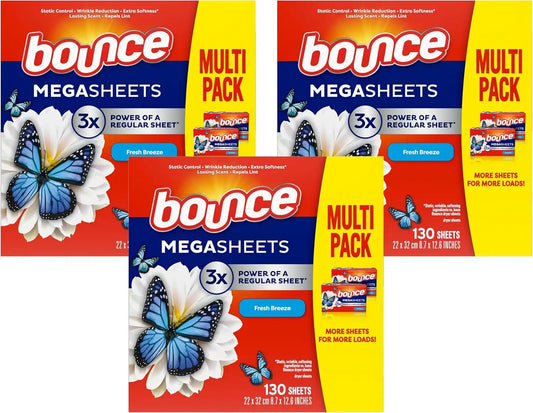 Bounce Mega Dryer Sheets, Fresh Breeze, 130 Count, Mega Fabric Softener Sheets with Static Control, Wrinkle Reduction, Extra Softness, Lasting Scent, Repels Lint (Pack of 3)
