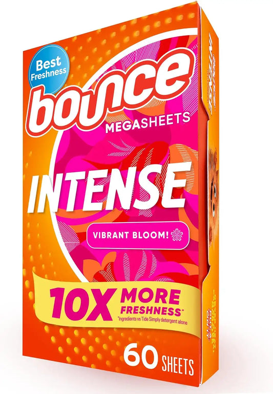 Bounce Intense Dryer Sheets, 60 count, Vibrant Bloom, Scent Boosting Dryer Sheet Formulated to Fight Wrinkles and Static