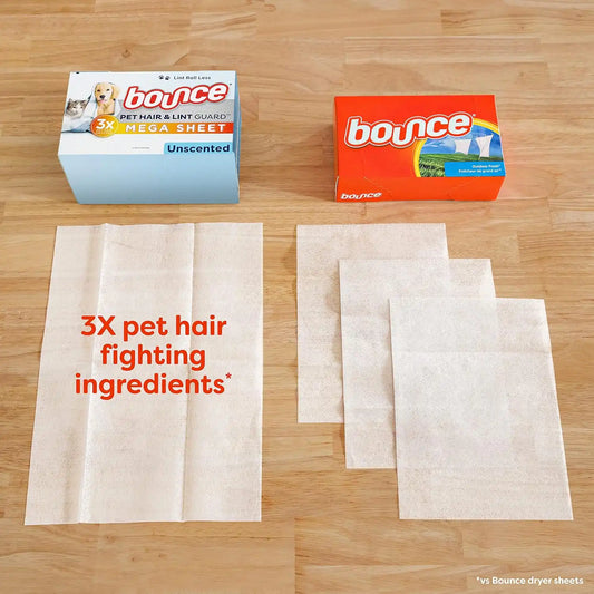 Bounce Pet Hair and Lint Guard Mega Dryer Sheets with 3X Pet Hair Fighters, Unscented, 130 Count