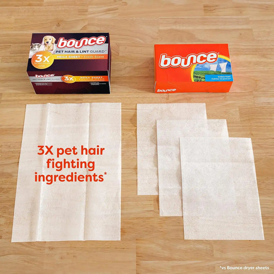 Bounce Pet Hair and Lint Guard Mega Dryer Sheets with 3X Pet Hair Fighters, Fresh Scent, 130 Count (Pack of 3)