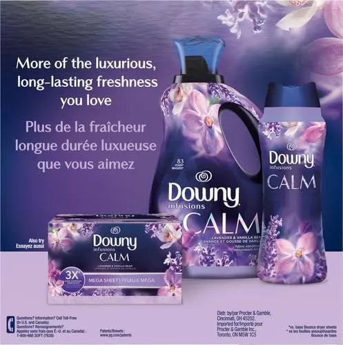 Downy CALM, Mega Dryer Sheets, Laundry Fabric Softener, Lavender and Vanilla Bean, 130 Count (Pack of 3)