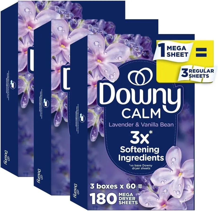 Downy CALM, Mega Dryer Sheets, Laundry Fabric Softener, Lavender and Vanilla Bean, 180 Count