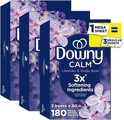 Downy CALM, Mega Dryer Sheets, Laundry Fabric Softener, Lavender and Vanilla Bean, 180 Count