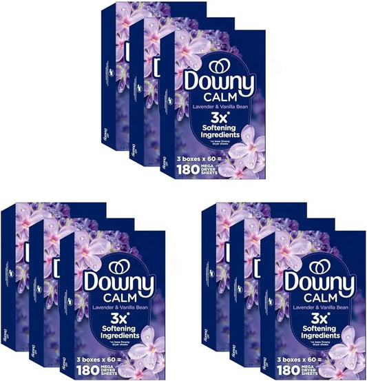 Downy Calm Mega Dryer Sheets, Large Fabric Softener Sheets for Laundry, Static Guard & Softness Boost, Laundry Dryer and Fabric_Sheets, 180 Count (Pack of 3)
