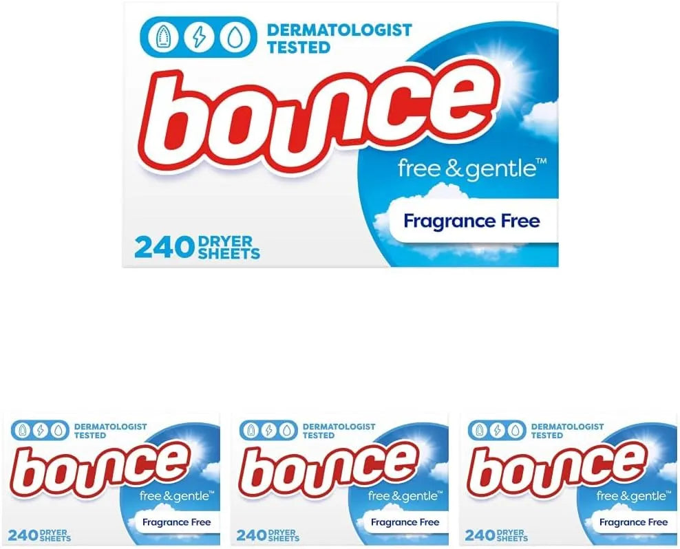 Bounce Free & Gentle Dryer Sheets, Unscented, 240 Count (Pack of 4)