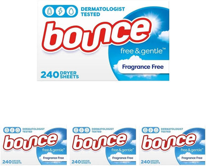 Bounce Free & Gentle Dryer Sheets, Unscented, 240 Count (Pack of 4)