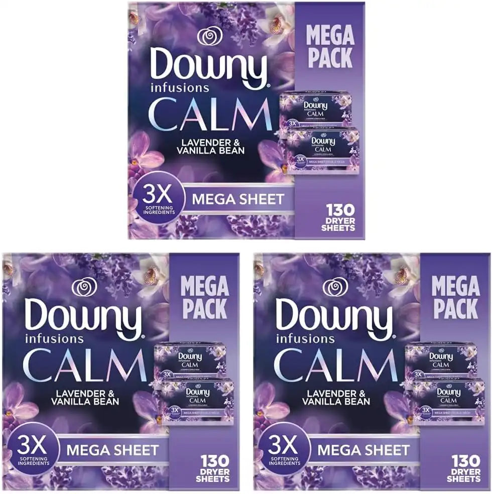 Downy CALM, Mega Dryer Sheets, Laundry Fabric Softener, Lavender and Vanilla Bean, 130 Count (Pack of 3)