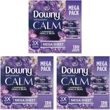 Downy CALM, Mega Dryer Sheets, Laundry Fabric Softener, Lavender and Vanilla Bean, 130 Count (Pack of 3)