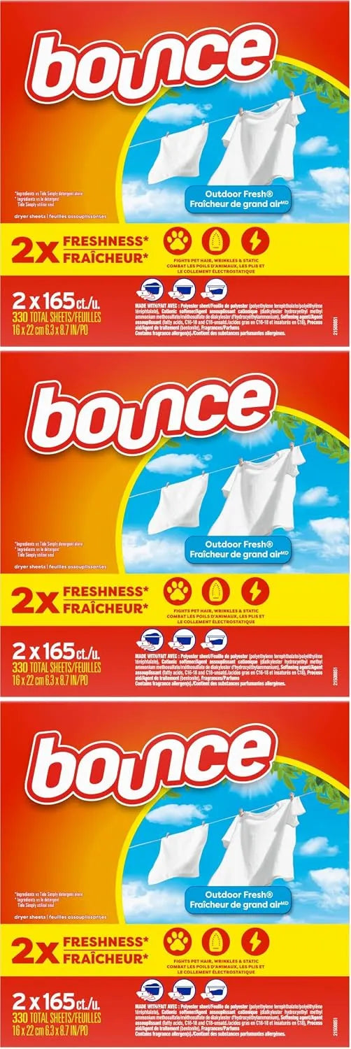 Bounce Dryer Sheets, 330 count, Outdoor Fresh Scent, Fabric Softener Sheets, Reduces Static, Softens and Fights Wrinkles (Pack of 3)