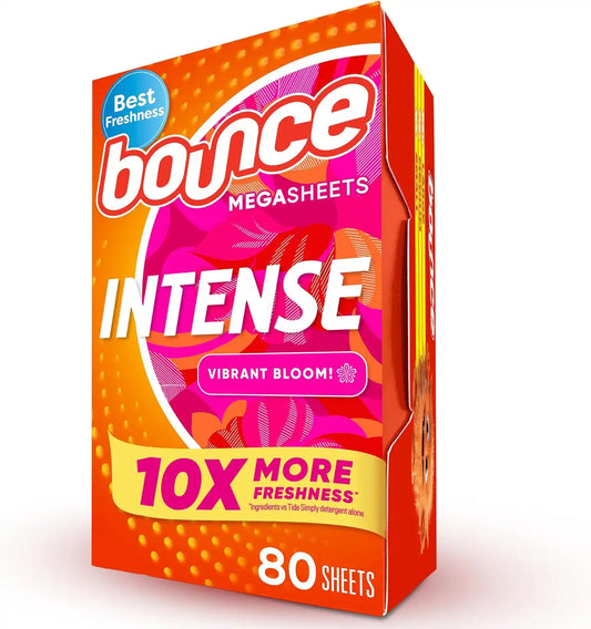 Bounce Intense Dryer Sheets, 80 count, Vibrant Bloom, Scent Boosting Dryer Sheet Formulated to Fight Wrinkles and Static