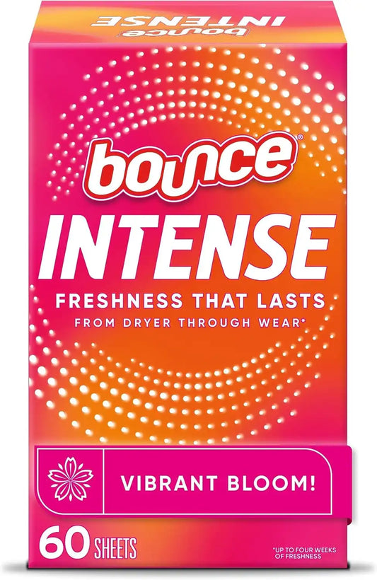 Bounce Intense Dryer Sheets, Vibrant Bloom, 60 Count, Scent Boosting Dryer Sheet (Pack of 6)