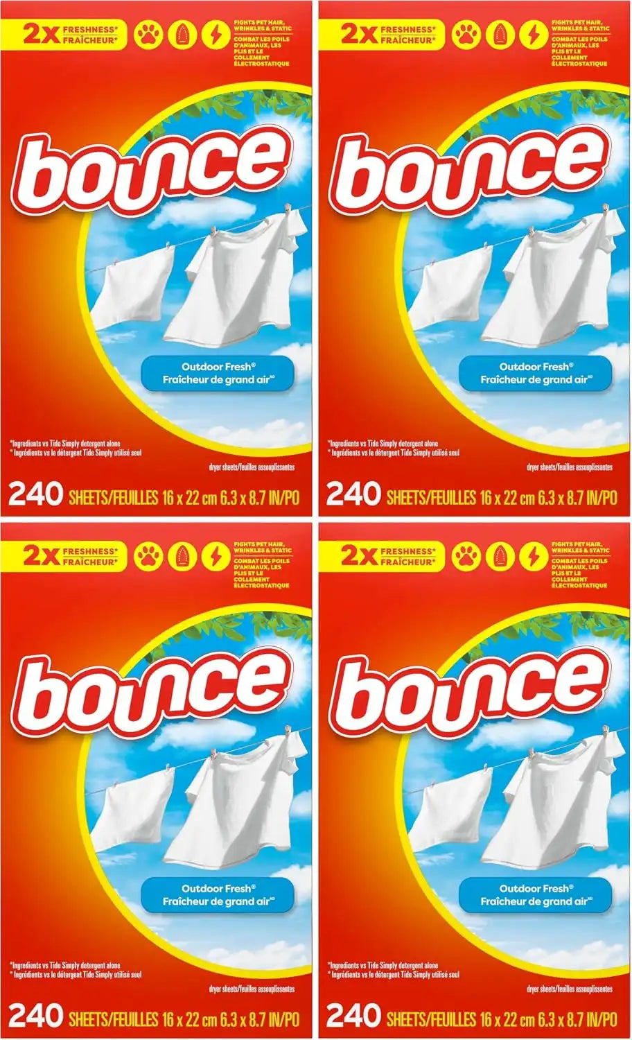 Bounce Fabric Softener Sheets,Outdoor Fresh Scent,240 Count (Pack of 4)