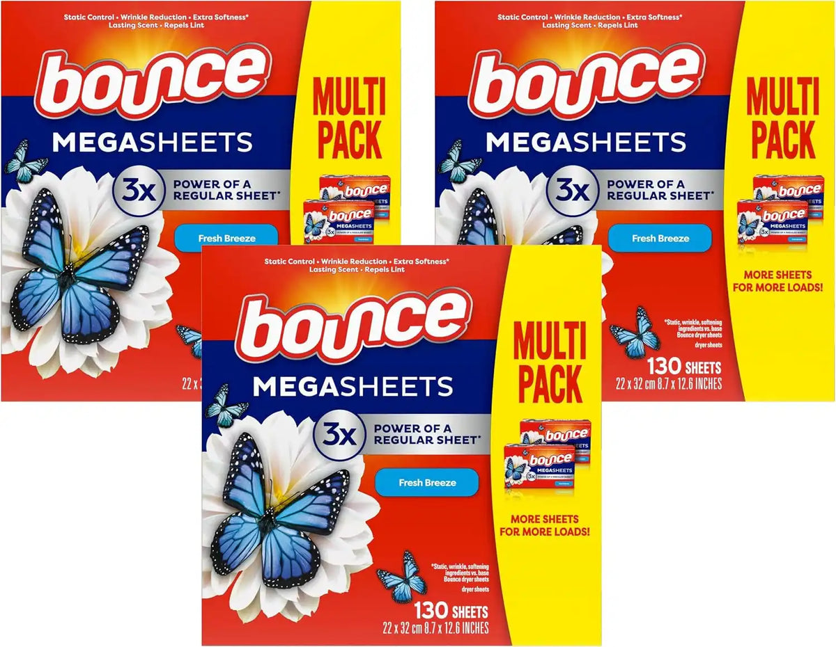 Bounce Mega Dryer Sheets, Fresh Breeze, 130 Count, Mega Fabric Softener Sheets with Static Control, Wrinkle Reduction, Extra Softness, Lasting Scent, Repels Lint (Pack of 3)