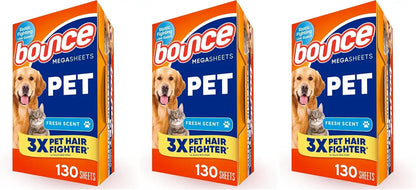 Bounce Pet Hair and Lint Guard Mega Dryer Sheets with 3X Pet Hair Fighters, Fresh Scent, 130 Count (Pack of 3)