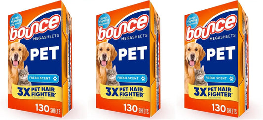 Bounce Pet Hair and Lint Guard Mega Dryer Sheets with 3X Pet Hair Fighters, Fresh Scent, 130 Count (Pack of 3)