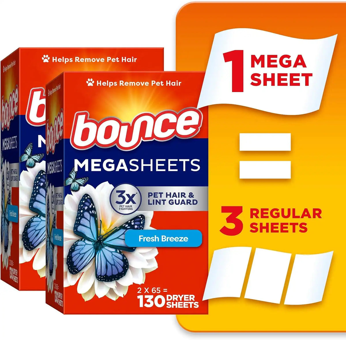 Bounce WrinkleGuard Mega Fabric Softener Dryer Sheets, Wrinkle Release with Outdoor Fresh Scent, 130 ct