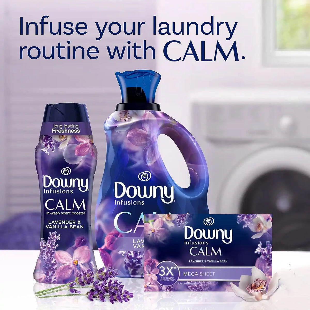 Downy Calm Mega Dryer Sheets, Large Fabric Softener Sheets for Laundry, Static Guard & Softness Boost, Laundry Dryer and Fabric_Sheets, 180 Count (Pack of 3)