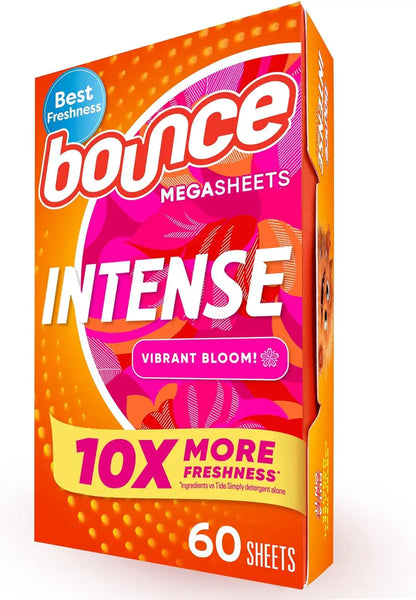 Bounce Intense Dryer Sheets, 60 count, Vibrant Bloom, Scent Boosting Dryer Sheet Formulated to Fight Wrinkles and Static