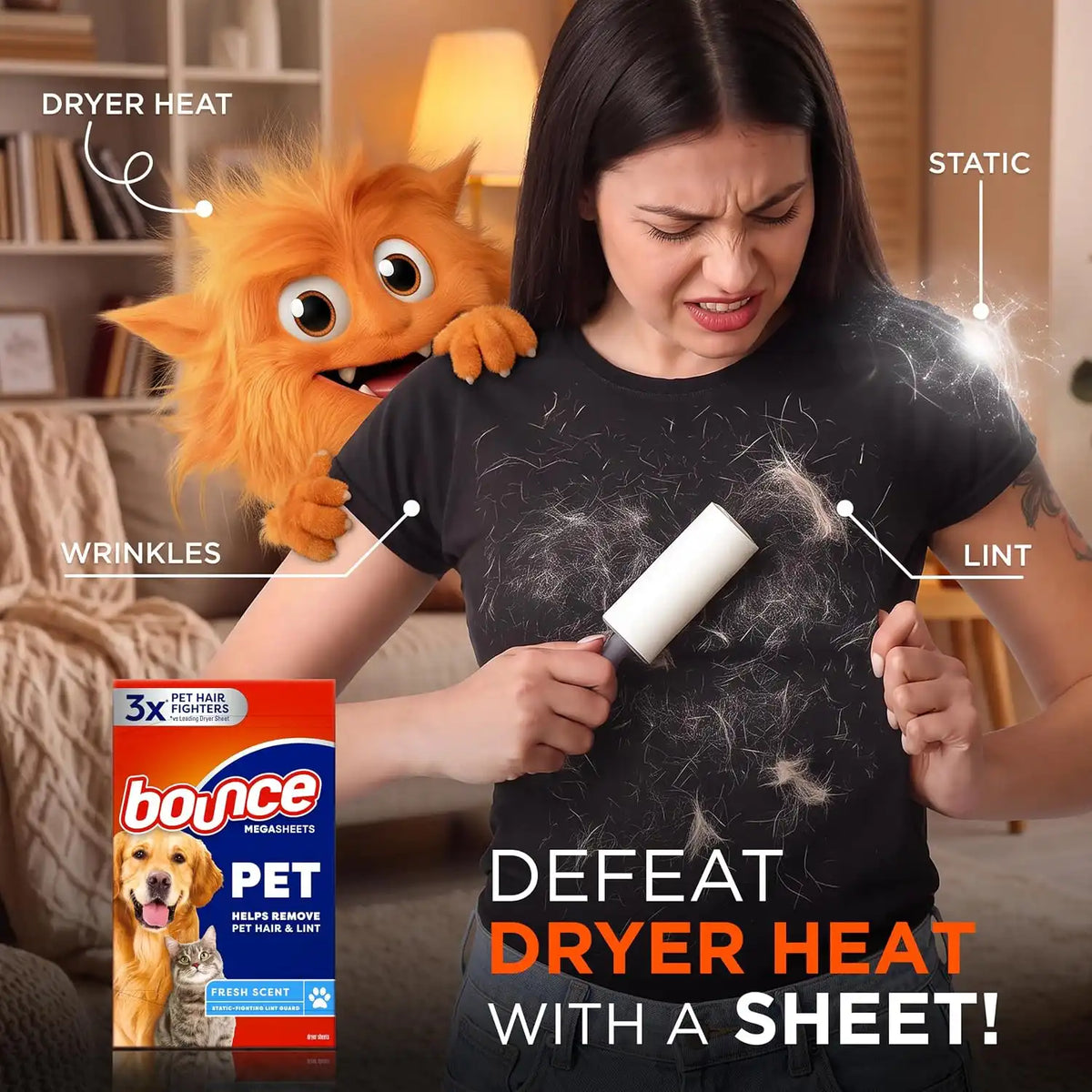 Bounce Pet Hair and Lint Guard Mega Dryer Sheets with 3X Pet Hair Fighters, Fresh Scent, 180 Count